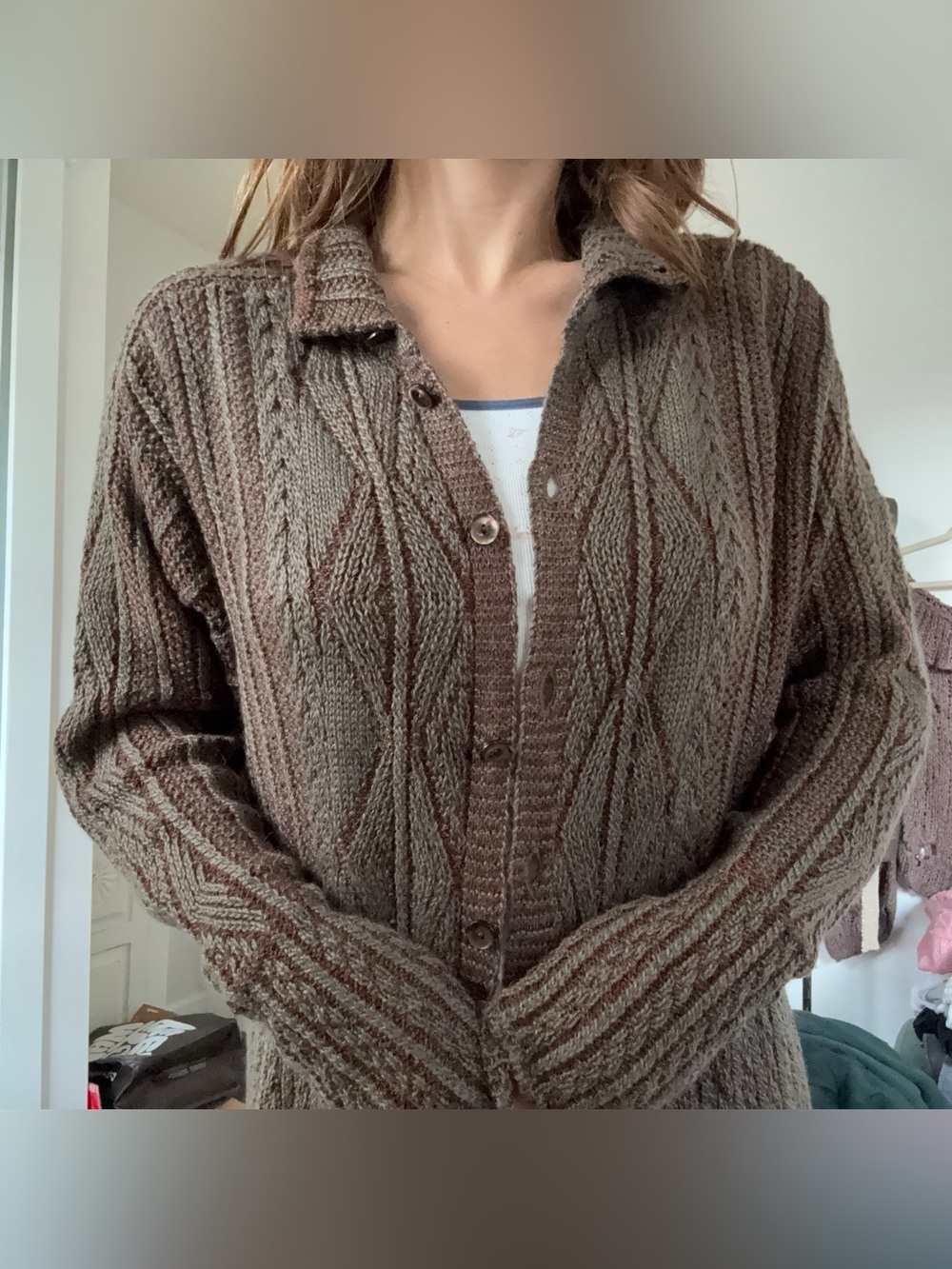 Vintage Peruvian Connection Cableknit Baby Alpaca Wool Silk Knit Cardigan L - Picture 12 of 12